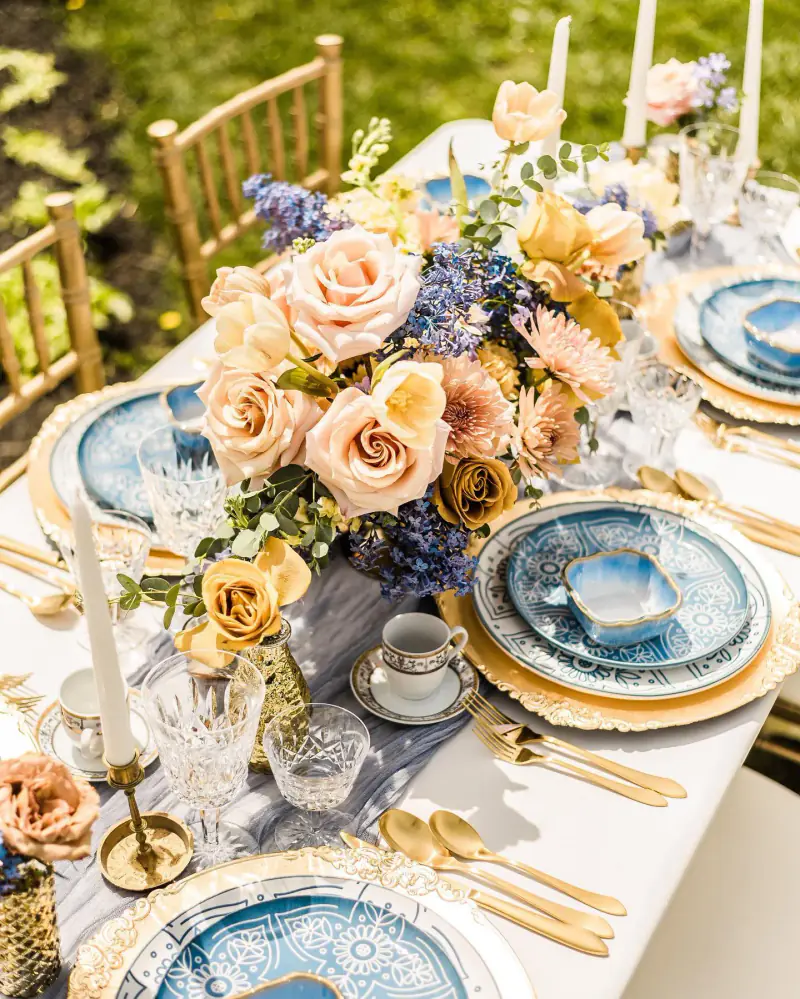 Blue and peach tablescape